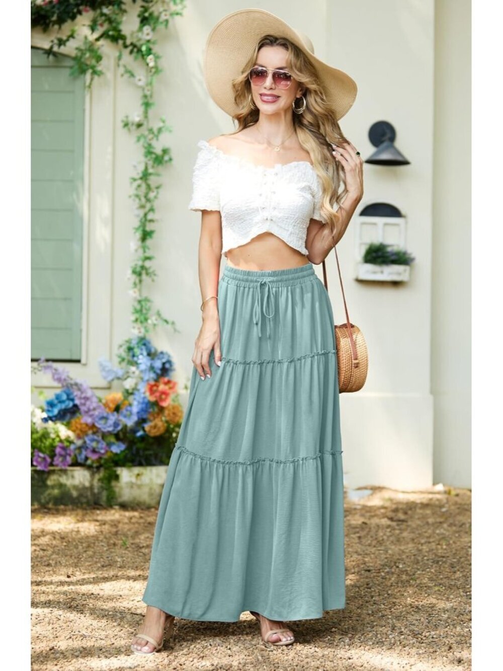 Women's Boho High Waisted Aqua Sea Maxi Skirts Tiered Floral Long Skirts Pockets - Picture 3 of 6